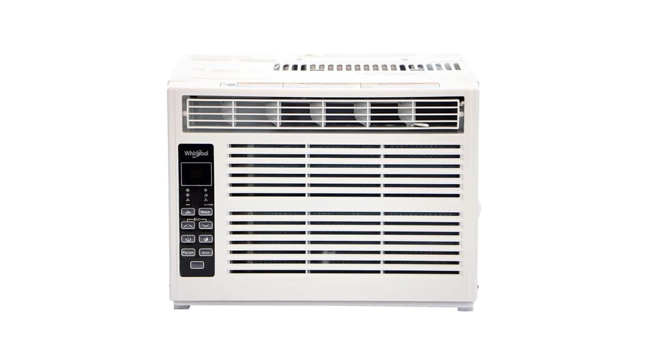 Window air conditioner against white background.