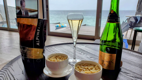 Soup and champagne from a travel kettle at a luxury villa