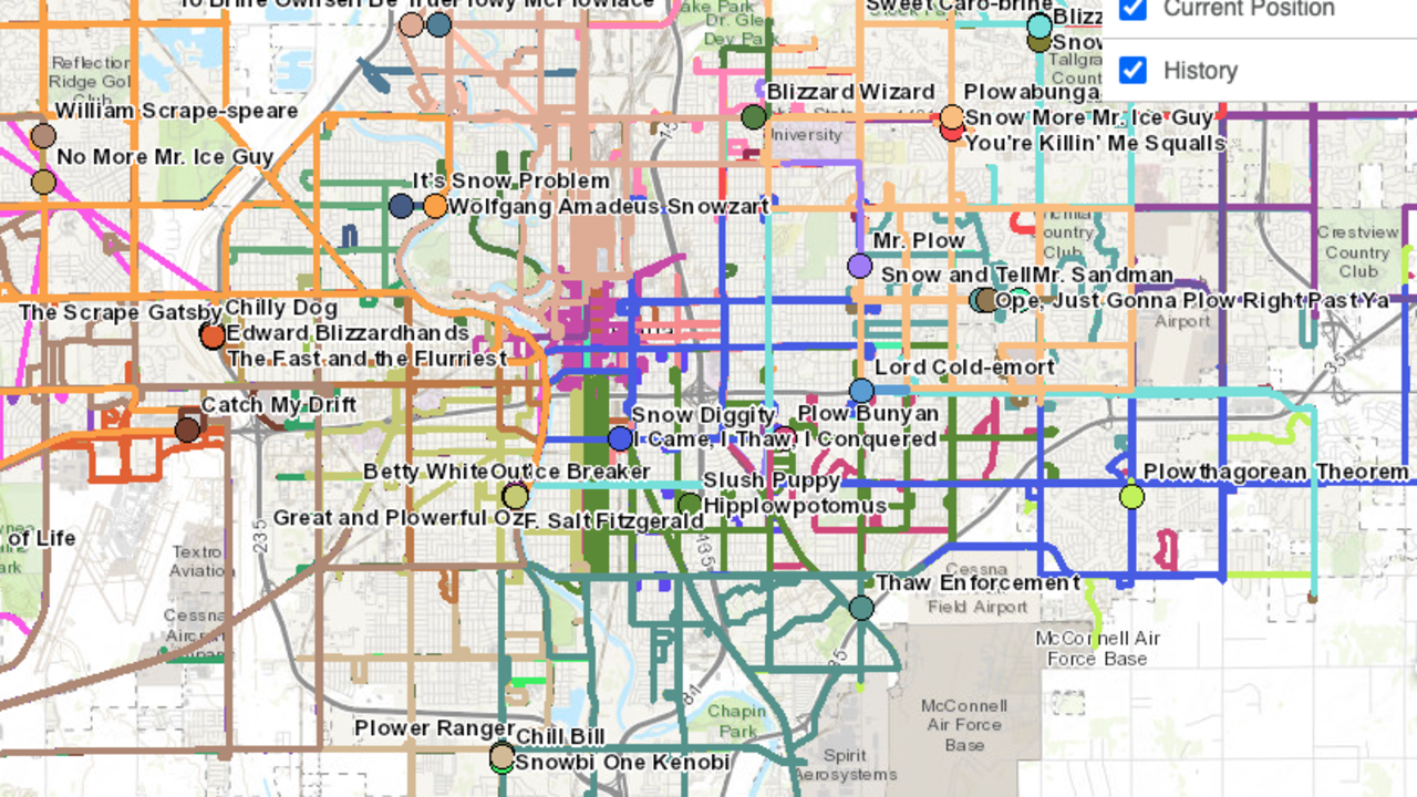 A view of all active snowplows on the City of Wichita's online tracker on January 11, 2024.