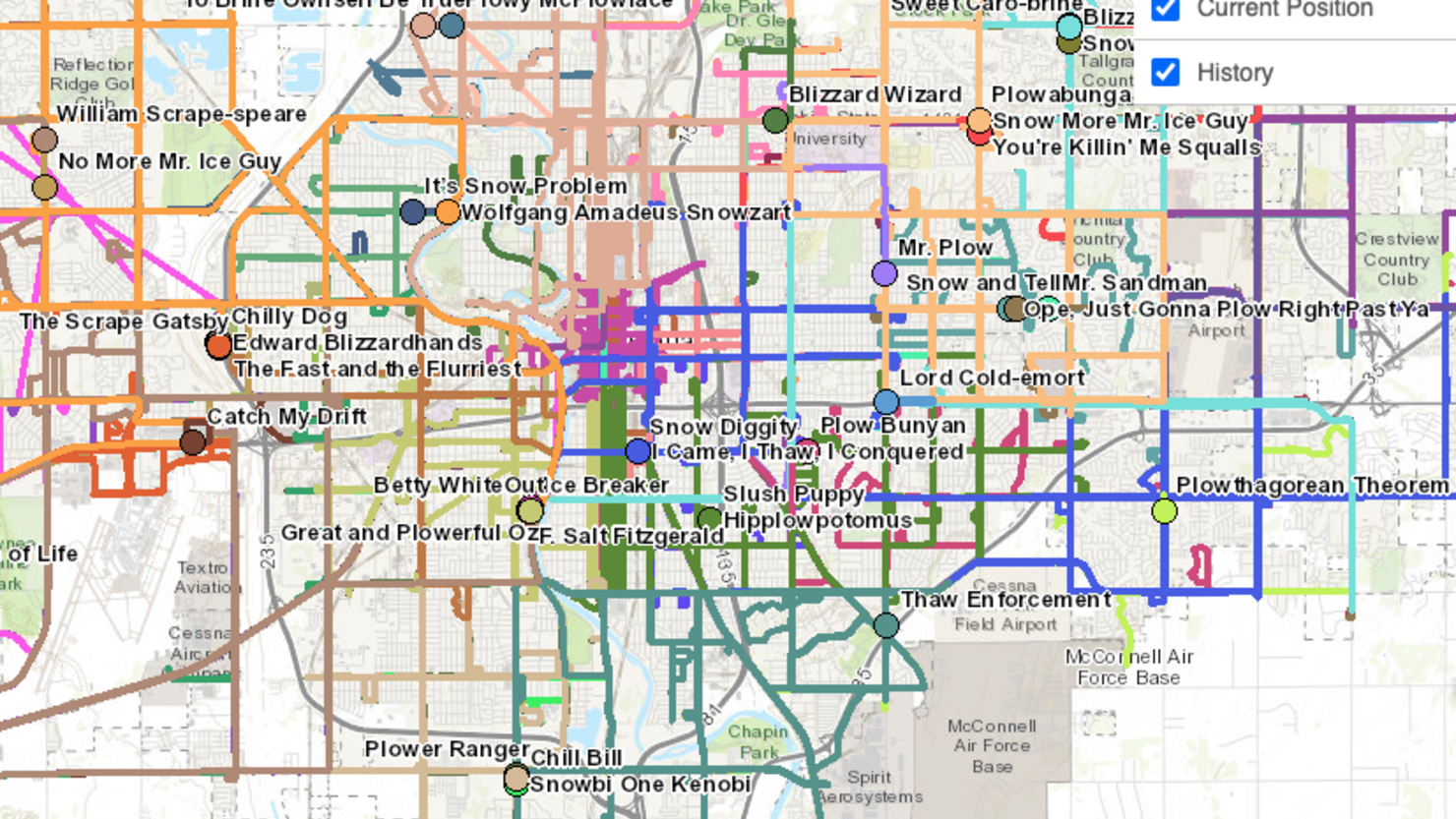A view of active snowplows on the City of Wichita's online tracker on January 11, 2024.