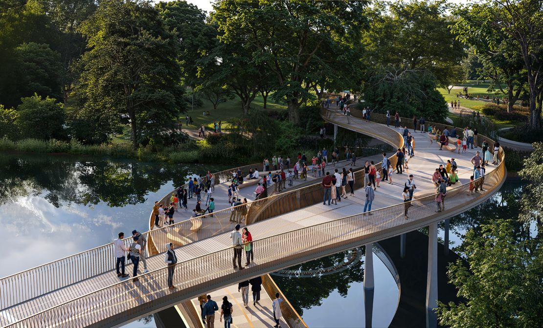 Architecture firm WilkinsonEyre's proposal features a pair of bridges spanning St James's Park Lake.