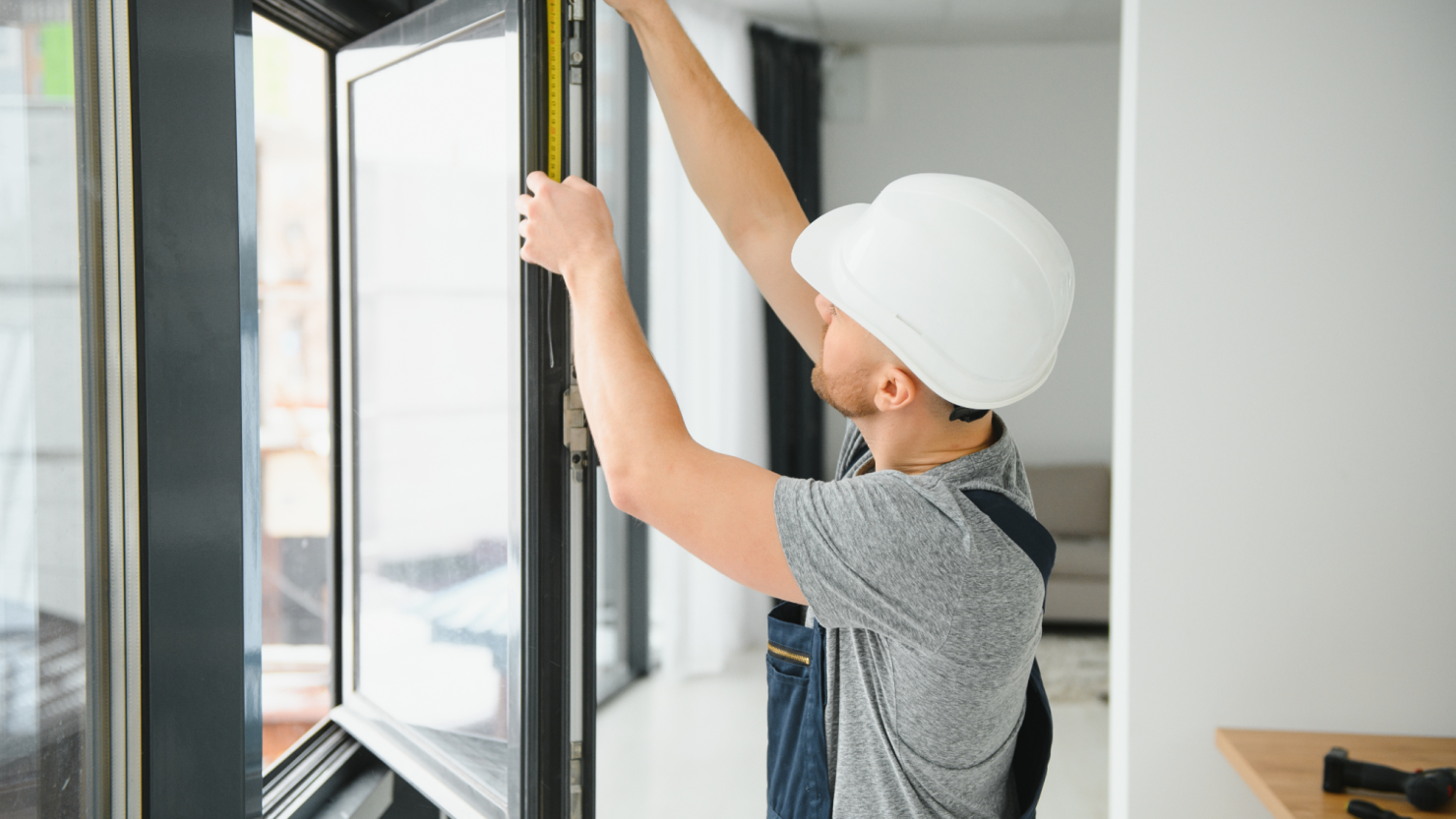 Worker installing windows in a new house.