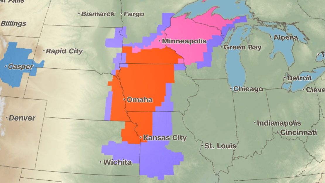 Winter weather alerts across the Central US and the Midwest as of early Wednesday morning. All blizzard warnings are in orange.