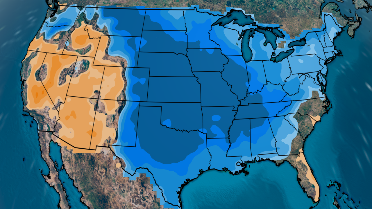 Temperature departures from normal are shown on Friday, January 19. Blues represent below average temperatures and oranges represent above average temperatures.