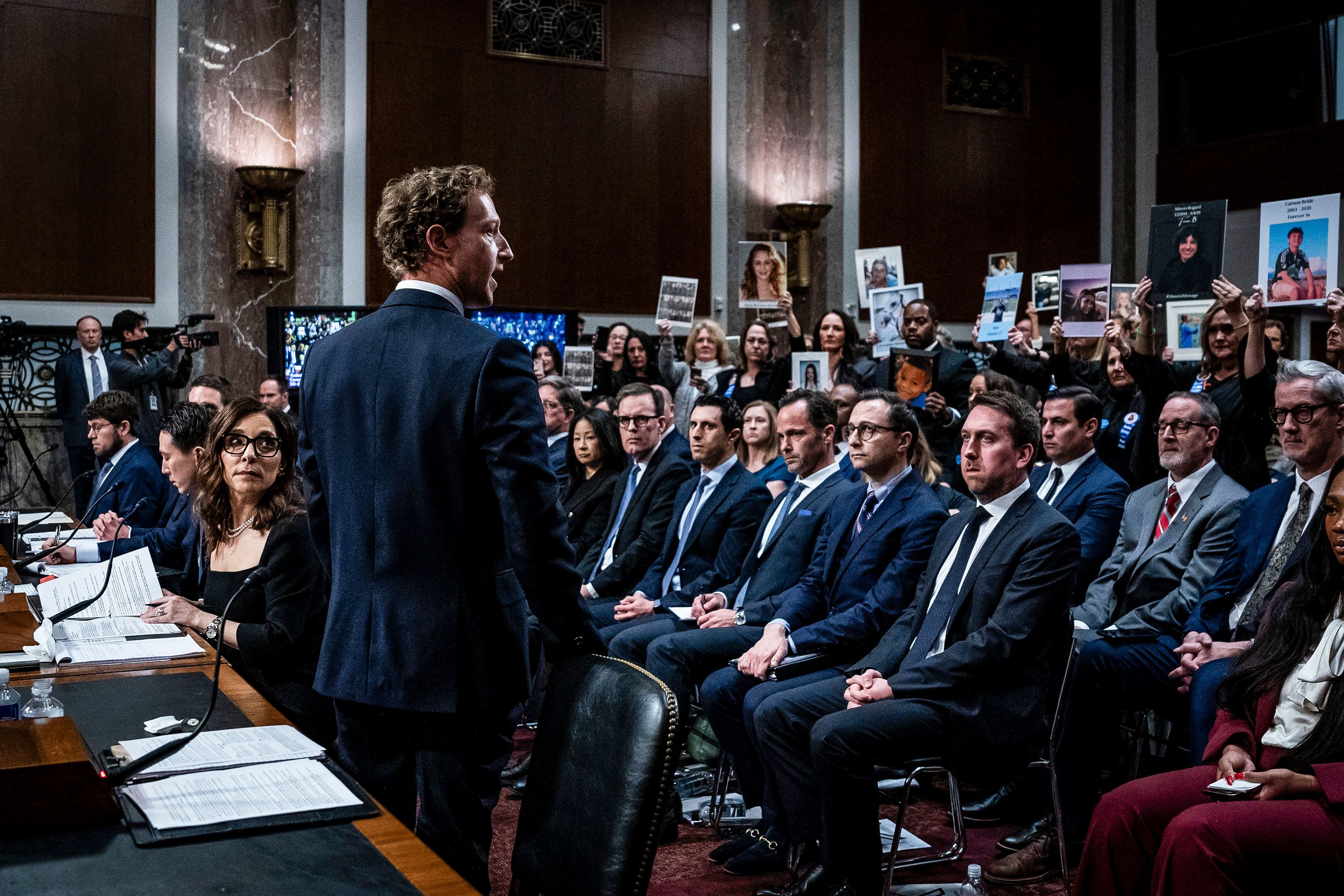 Meta CEO Mark Zuckerberg addresses families in the room during a Senate Judiciary Committee hearing that was held in Washington, DC, on Wednesday, January 31.