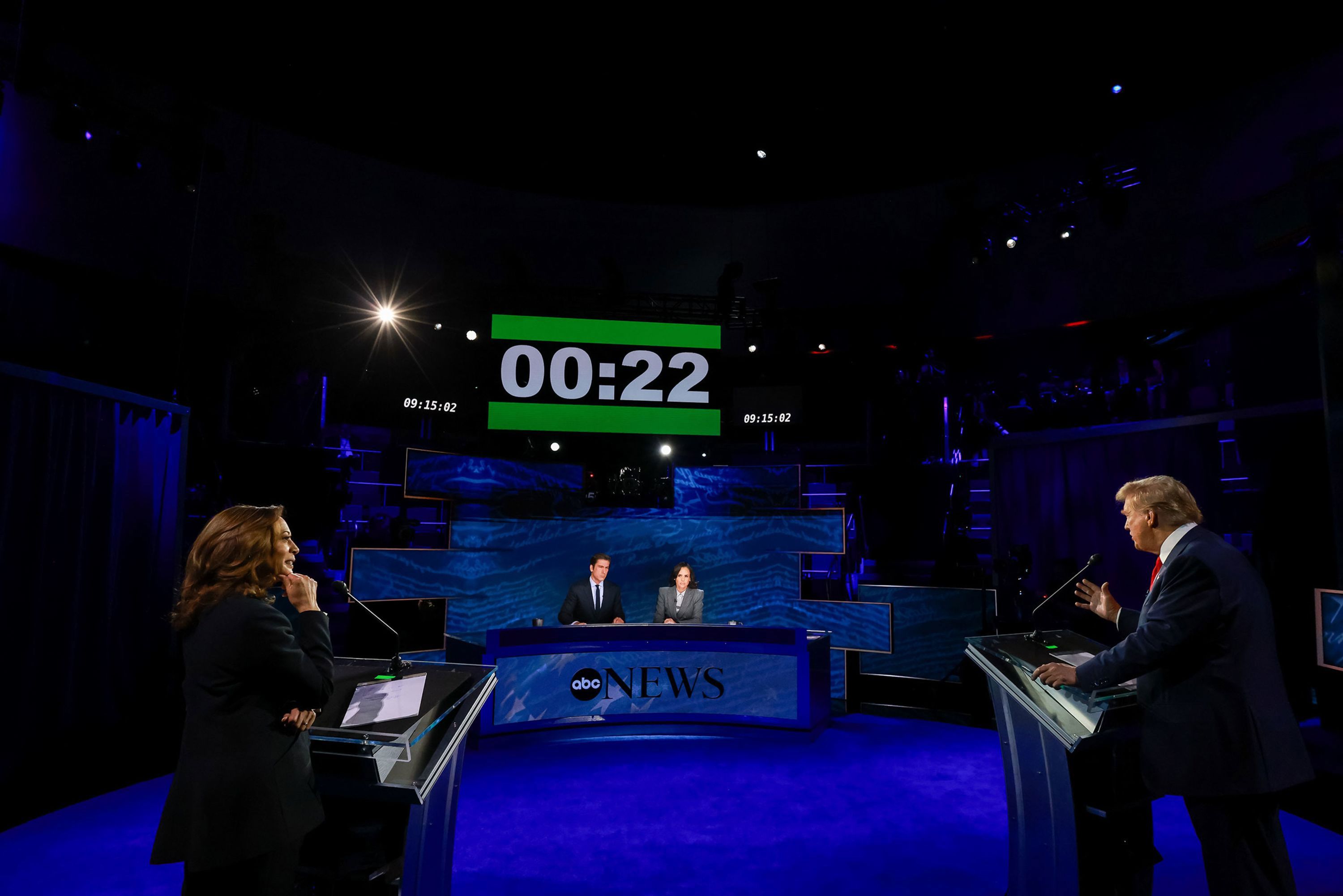 A countdown clock over debate moderators David Muir and Linsey Davis shows how much time former President Donald Trump has left to answer a question during his presidential debate with Vice President Kamala Harris on Tuesday, September 10.