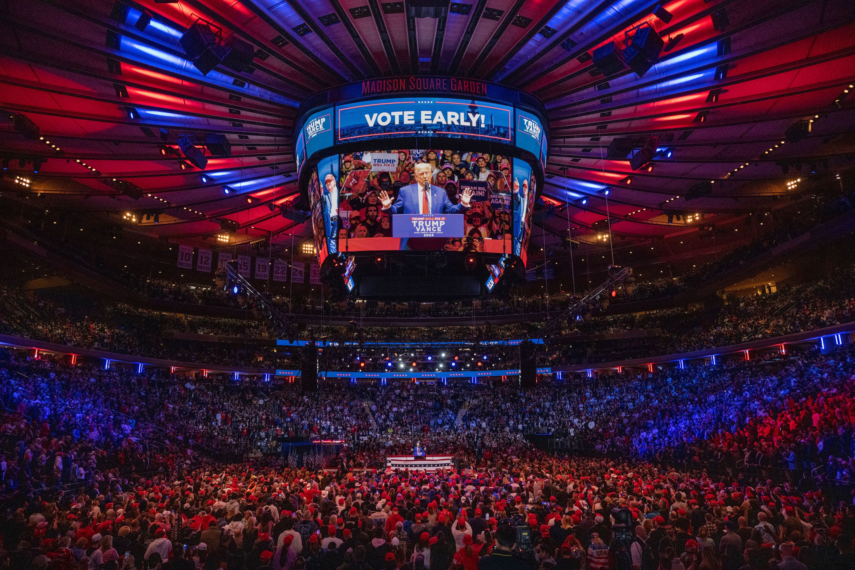 Former President Donald Trump addresses the crowd during his campaign rally at New York’s Madison Square Garden on Sunday, October 27.