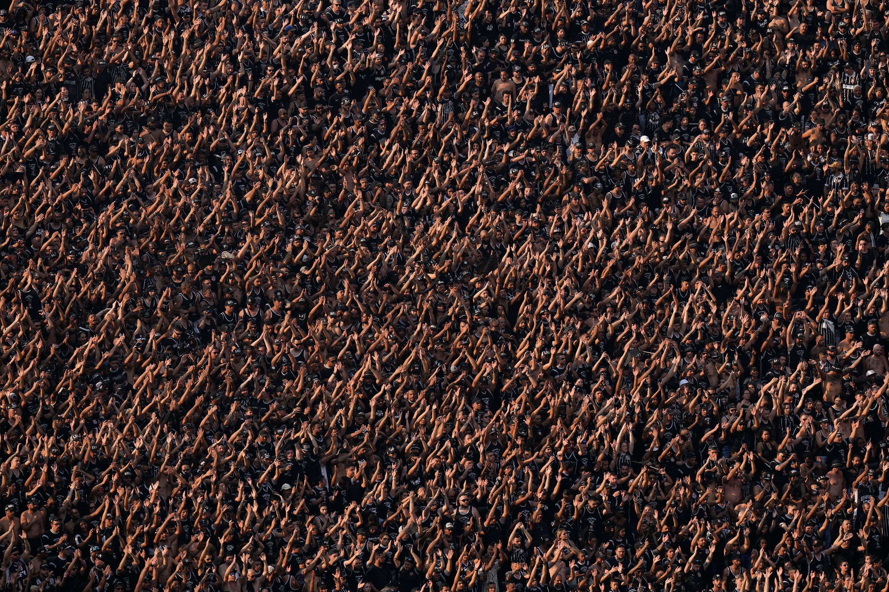 Fans cheer in the stands of Corinthians Arena during a Brazilian soccer league match in São Paulo.