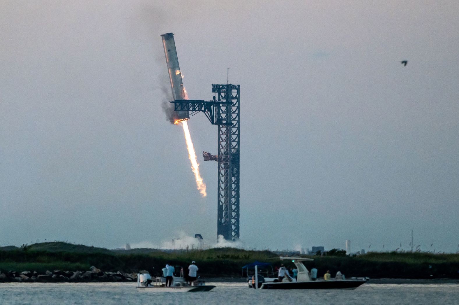 SpaceX’s Super Heavy rocket booster, which had just launched the uncrewed Starship spacecraft, <a href="index.php?page=&url=https%3A%2F%2Fwww.cnn.com%2F2024%2F10%2F13%2Fscience%2Fspacex-starship-test-flight-5-launch">successfully returns to the launch site</a> near Boca Chica, Texas, on Sunday, October 13. The booster was caught midair with a pair of massive metal pincers that SpaceX calls “chopsticks.”