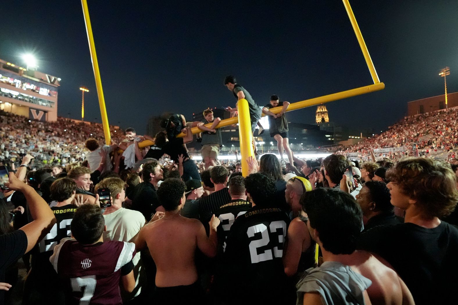 Vanderbilt fans tear down the goalposts after the university’s football team <a href="index.php?page=&url=https%3A%2F%2Fwww.cnn.com%2F2024%2F10%2F05%2Fsport%2Fvanderbilt-biggest-win-in-program-history-spt-intl%2Findex.html">upset No. 1 Alabama 40-35</a> in Nashville, Tennessee, on Saturday, October 5.