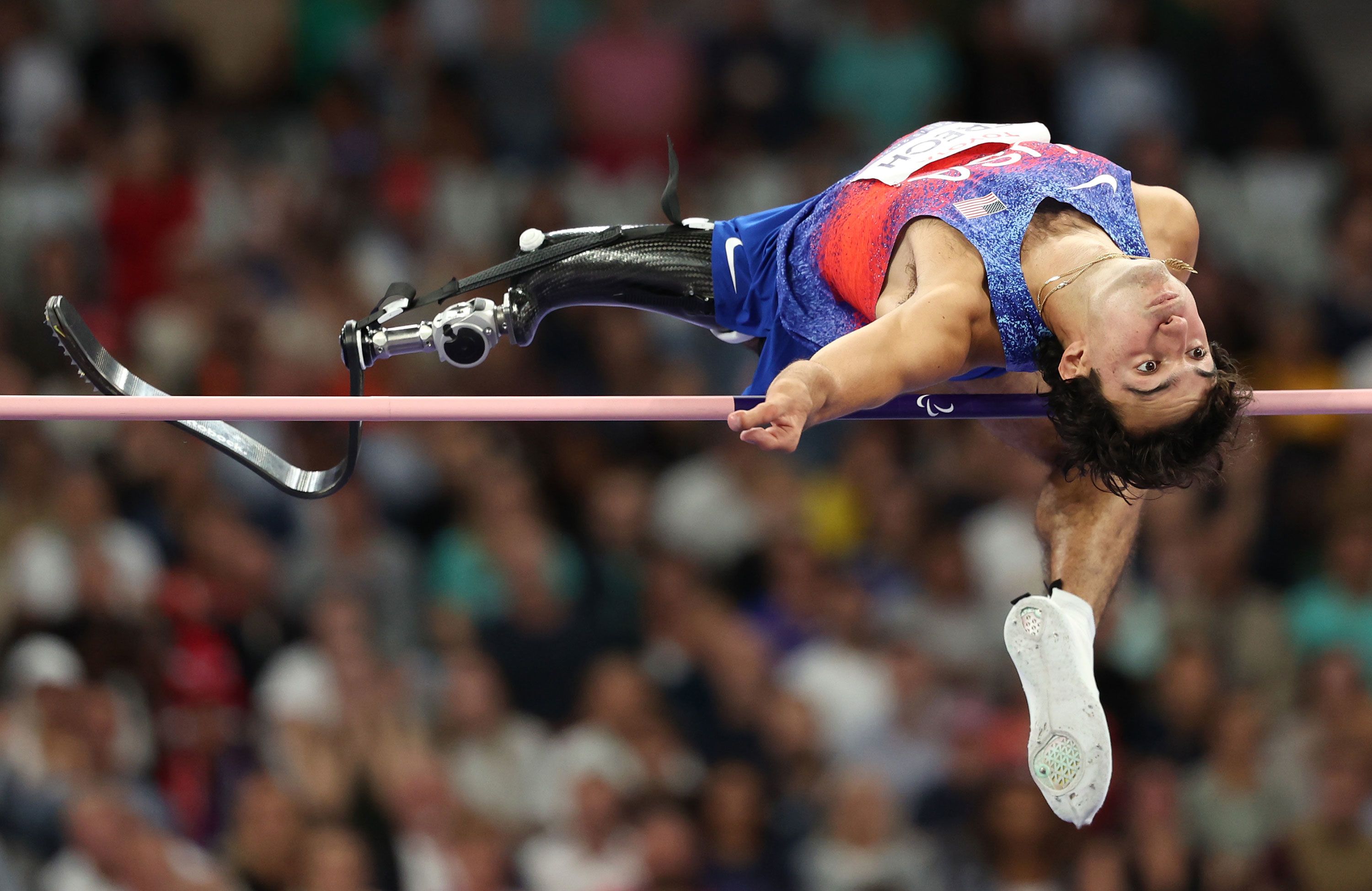 American Sam Grewe competes in a men’s high jump final during the Paralympics in Paris.