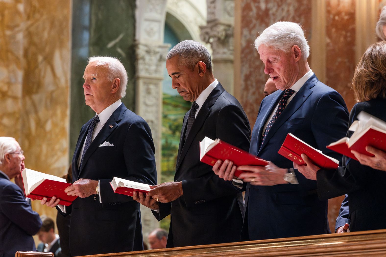 From left, President Joe Biden, former President Barack Obama and former President Bill Clinton attend a memorial service for Ethel Kennedy in Washington, DC, on Wednesday, October 16. Kennedy, a longtime human rights activist and the widow of former Attorney General Robert F. Kennedy, <a href="https://www.cnn.com/2024/10/10/politics/ethel-kennedy-dies/index.html">died last week at the age of 96</a>.