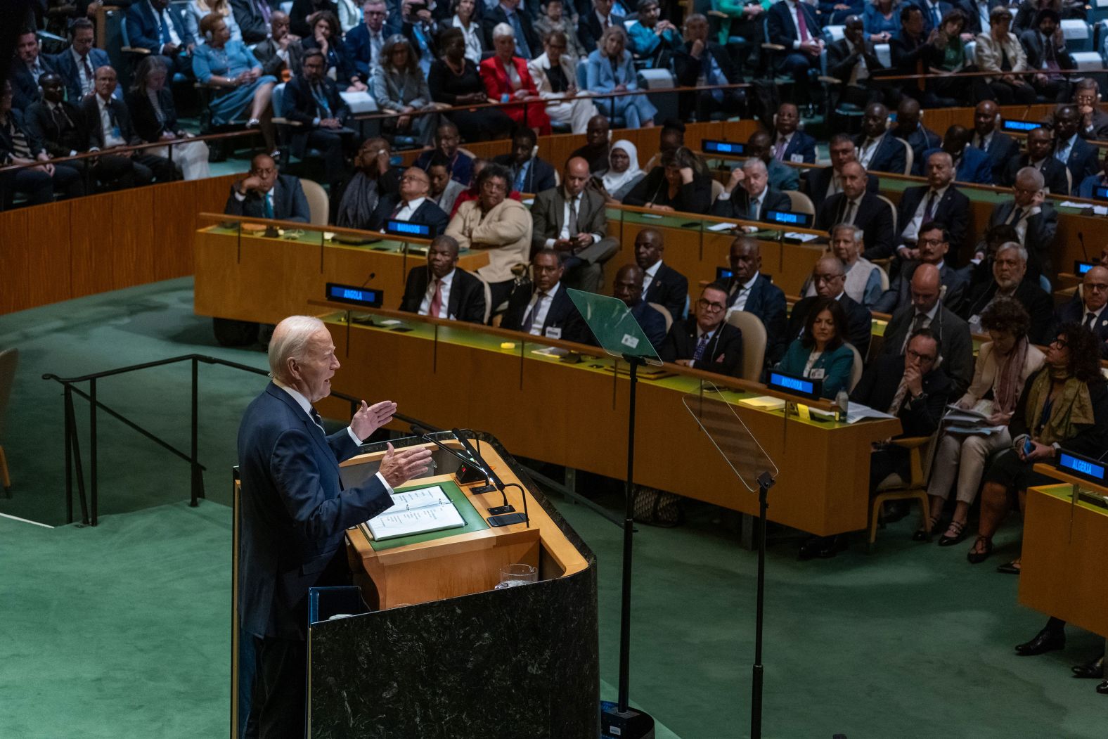 US President Joe Biden addresses world leaders during the United Nations General Assembly in New York on Tuesday, September 24. Biden used his <a href="index.php?page=&url=https%3A%2F%2Fwww.cnn.com%2F2024%2F09%2F24%2Fpolitics%2Fbiden-unga-remarks-foreign-policy-legacy%2Findex.html">last speech in front of the UNGA</a> to herald the virtues of democracy as he aimed to burnish both his own legacy and US leadership on the world stage.