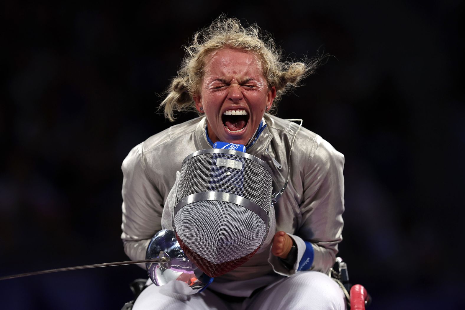 Poland’s Kinga Drozdz celebrates after beating Eva Andrea Hajmasi of Hungary during a women’s sabre fencing semifinal at the Paralympic Games in Paris on Tuesday, September 3.