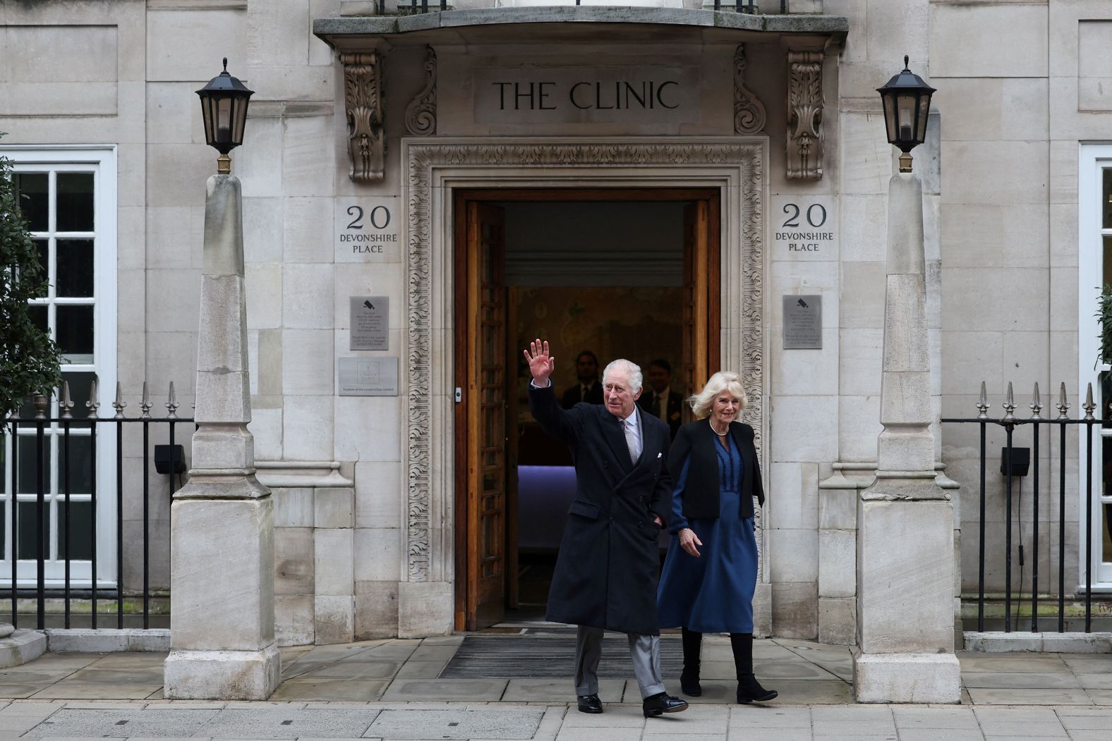 Britain's King Charles III, along with Queen Camilla, waves as he leaves the London Clinic on Monday, January 29. <a href="index.php?page=&url=https%3A%2F%2Fwww.cnn.com%2F2024%2F01%2F26%2Fuk%2Fking-charles-iii-hospital-prostate-procedure-intl%2Findex.html">The King underwent a corrective procedure for an enlarged prostate</a>, CNN understands.