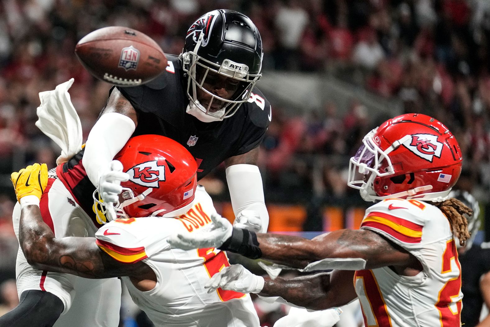 Kansas City Chiefs safety Bryan Cook breaks up a pass intended for Atlanta Falcons tight end Kyle Pitts late in the second half of an NFL football game in Atlanta on Sunday, September 22. Kansas City won the game 22-17.