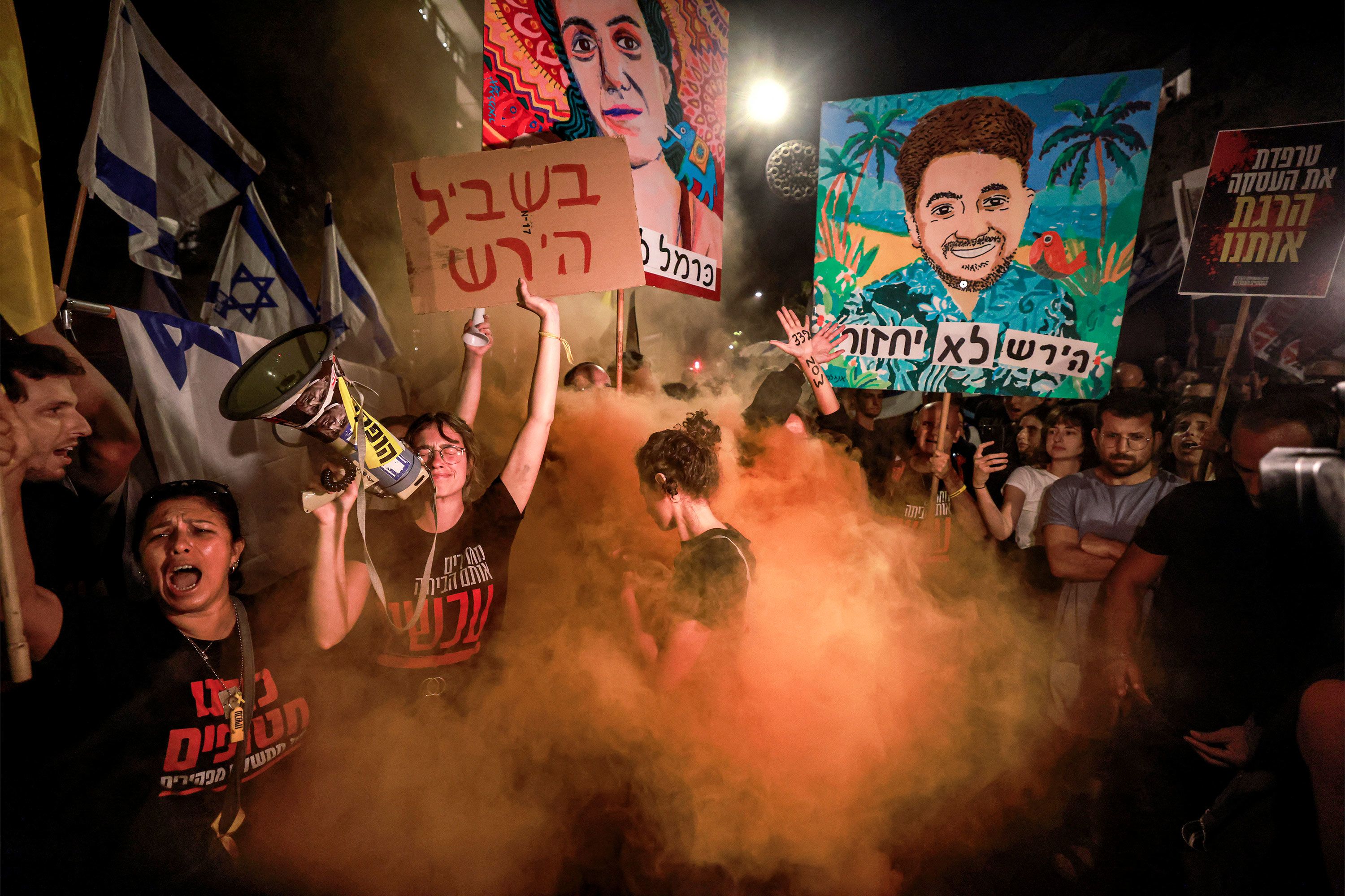 Demonstrators call for the release of hostages held captive in Gaza.