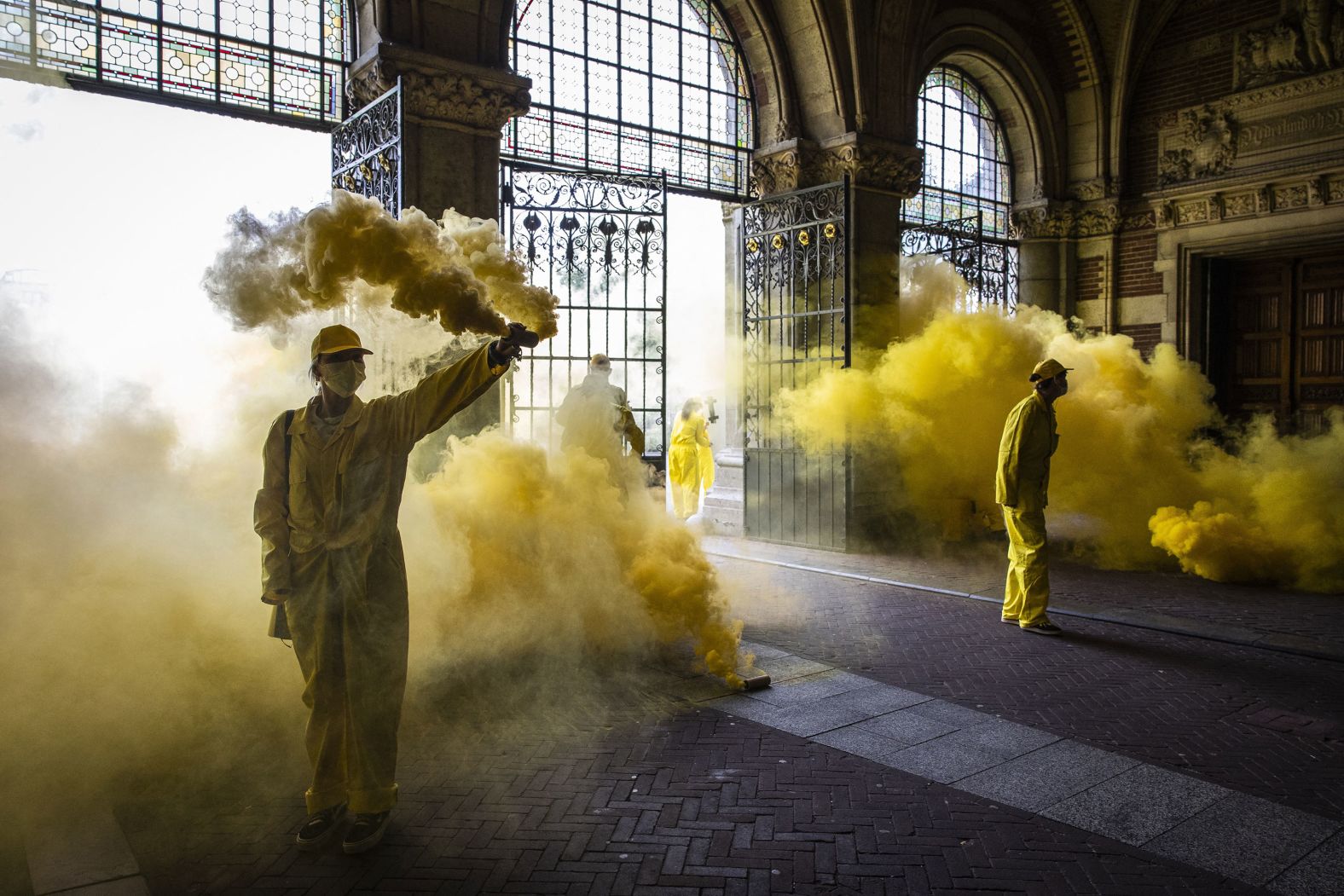 Climate activists from the group Extinction Rebellion stage a protest at an entrance of the Rijksmuseum in Amsterdam, Netherlands, on Saturday, September 7. They were protesting against the museum's main sponsor, ING.