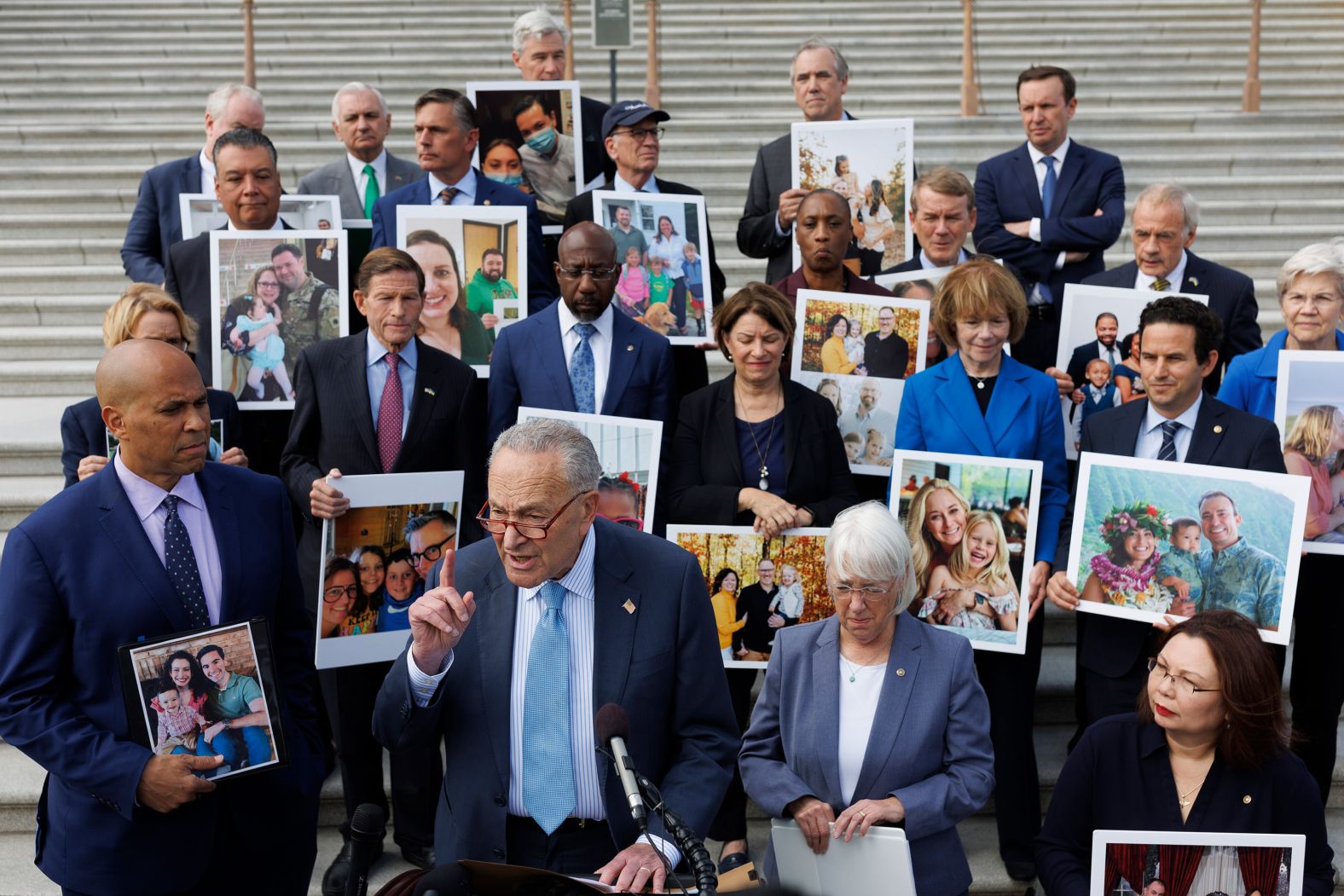 Senate Majority Leader Chuck Schumer, front left, is joined by other Senate Democrats on Tuesday, September 17, before a vote on a bill that would guarantee access to in vitro fertilization nationwide. <a >Senate Republicans voted to block the bill</a>. Many in the GOP criticized the Democrat-led legislation as unnecessary overreach and a political show vote while saying they do support IVF.