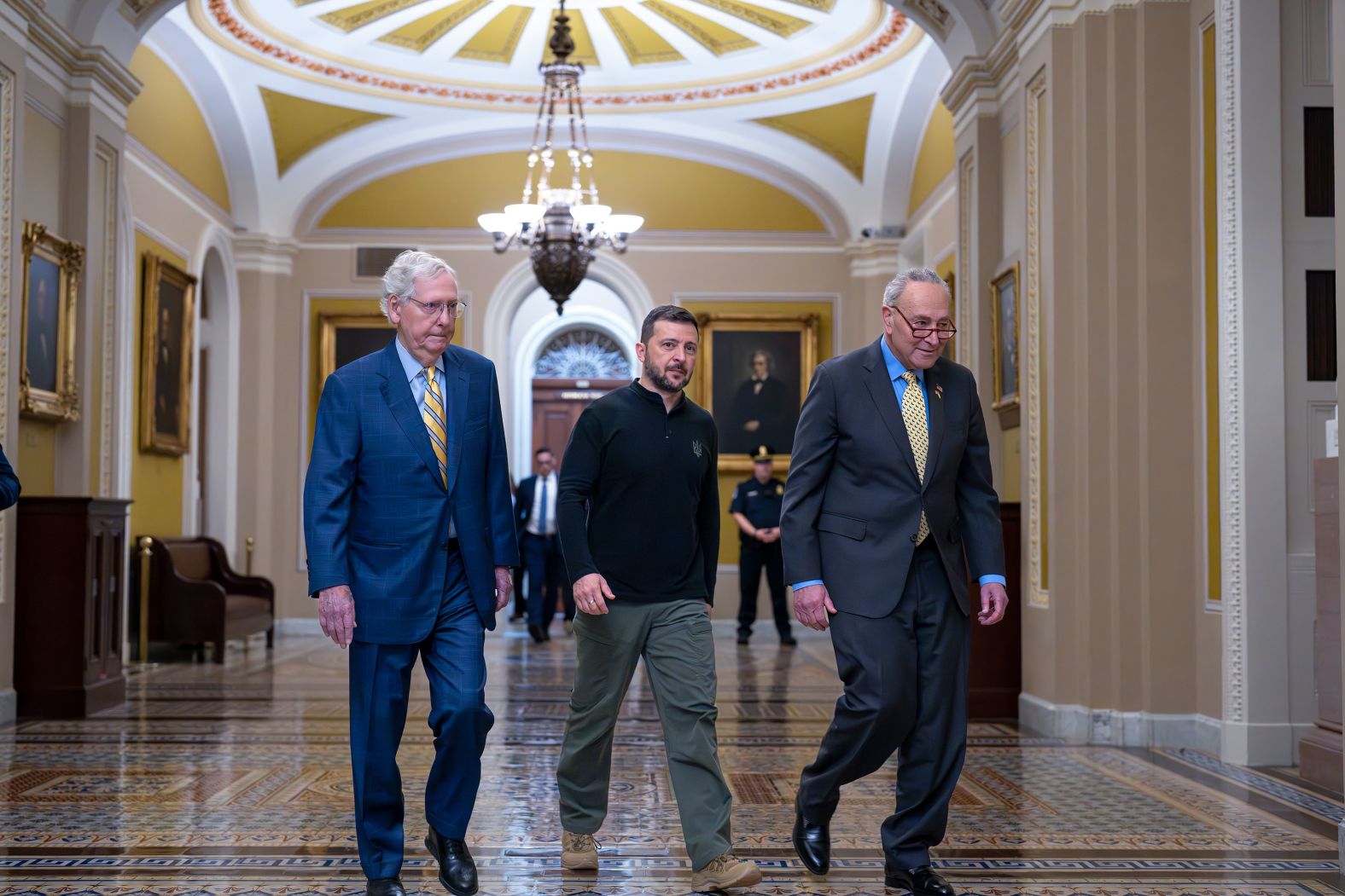 From left, Senate Minority Leader Mitch McConnell, Ukrainian President Volodymyr Zelensky and Senate Majority Leader Chuck Schumer walk together after Zelensky’s arrival at the US Capitol for a briefing with lawmakers about the war effort against Russia on Thursday, September 26. During the more than hour-long meeting with senators before his visit to the White House, Zelensky made his case for increased US support for his war-weary country while laying out the plan <a href="index.php?page=&url=https%3A%2F%2Fwww.cnn.com%2F2024%2F09%2F26%2Fpolitics%2Fzelensky-biden-harris-washington-visit%2Findex.html">he would later present to Biden.</a>