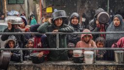01/27/2024 Gaza, Palestine. Palestinians wait to receive food at a donation center in a refugee camp in Rafah, located in the southern Gaza Strip, on January 27, 2024, amidst ongoing clashes between Israel and the militant group Hamas on a rainy day (Photo by Saher Alghorra / Middle East Images / Middle East Images via AFP) (Photo by SAHER ALGHORRA/Middle East Images/AFP via Getty Images)