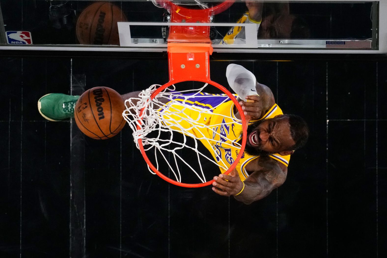 Los Angeles Lakers forward LeBron James dunks the ball during an NBA game in Atlanta on Tuesday, January 30.