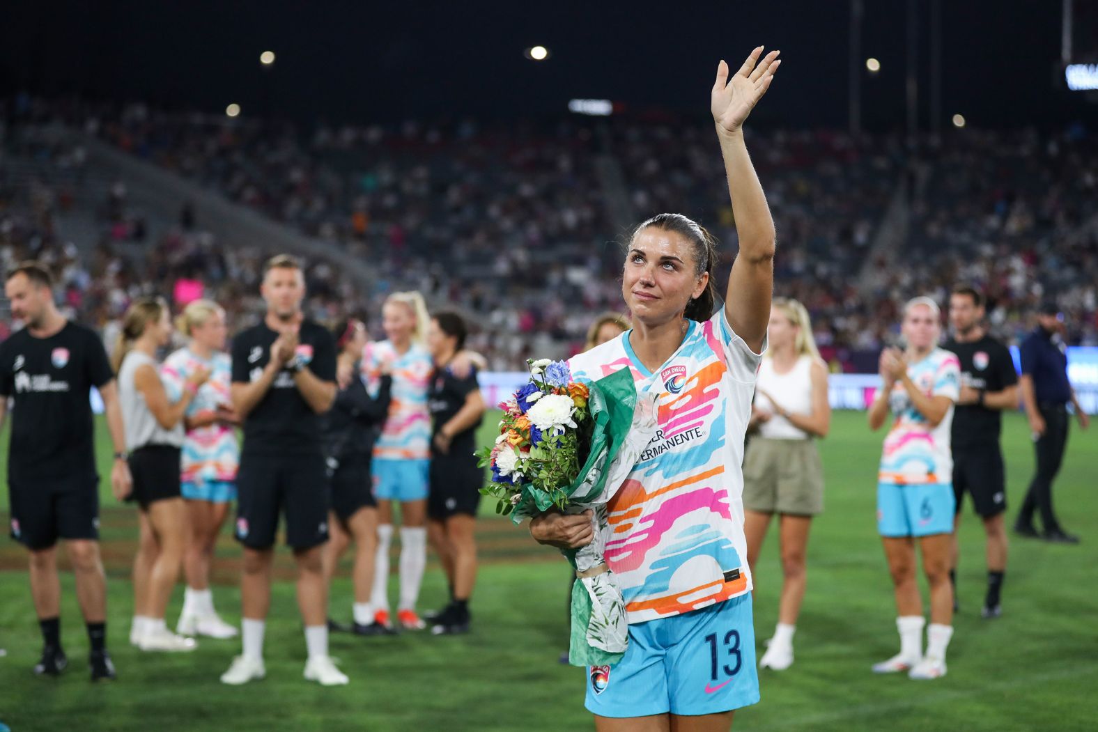 US soccer legend Alex Morgan waves goodbye to fans in San Diego after <a >her final professional match</a> on Sunday, September 8. The 35-year-old announced her retirement from the sport last week.