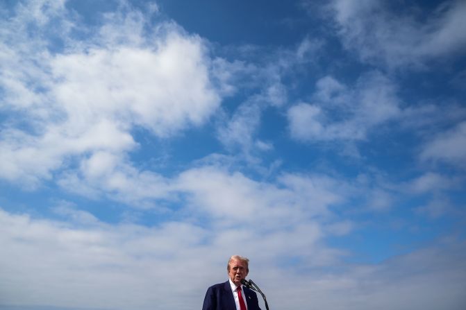 Trump speaks during a news conference in Rancho Palos Verdes, California, on September 13. Trump, the Republican Party’s presidential nominee, suggested he might change his mind about a second debate with Harris: “I did great with the debates, and I think they’ve answered everything. But maybe if I got in the right mood, I don’t know.”