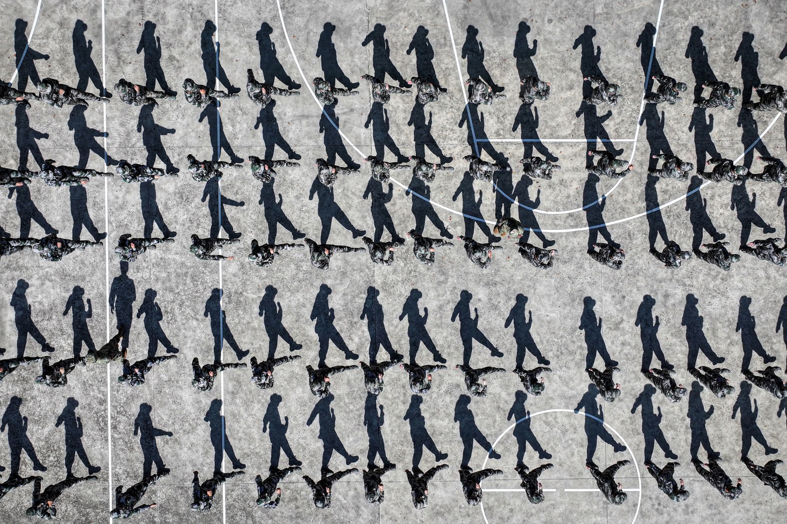 New recruits train at the National Defense Education and Training Center in Taicang, China, on Monday, September 9.