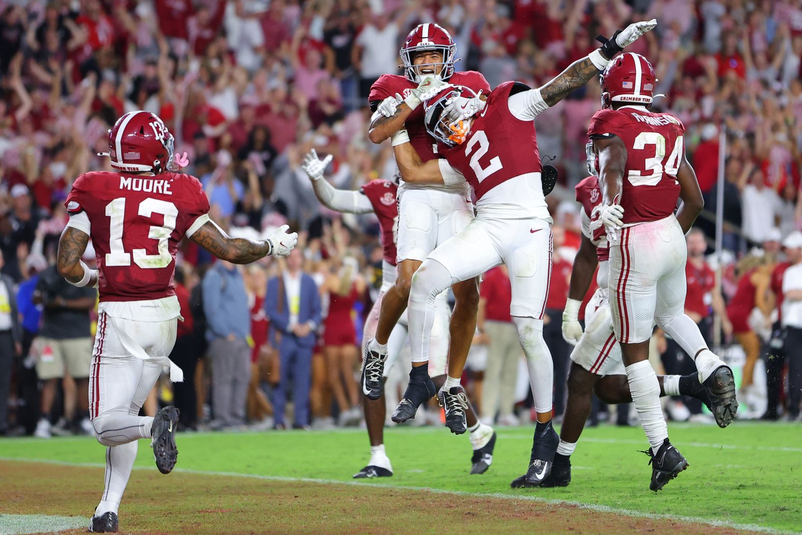 Alabama’s Zabien Brown (No. 2) celebrates with teammates after a late interception that sealed the team’s 41-34 victory over Georgia on Saturday, September 28. With the win, Alabama moved to No. 1 in the Associated Press poll.