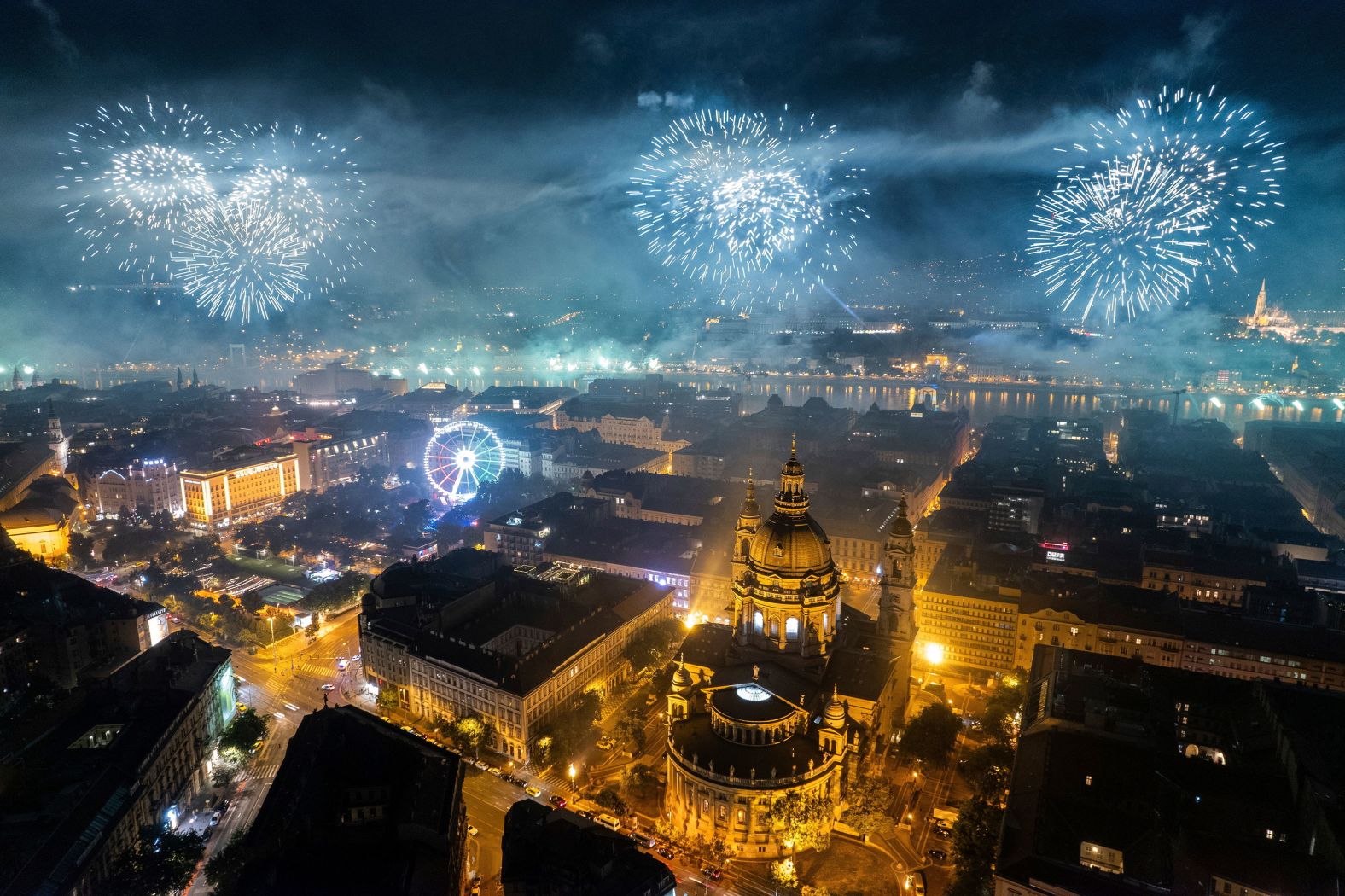 Fireworks explode over Budapest, Hungary, for the country’s national holiday known as State Foundation Day on Tuesday, August 20.