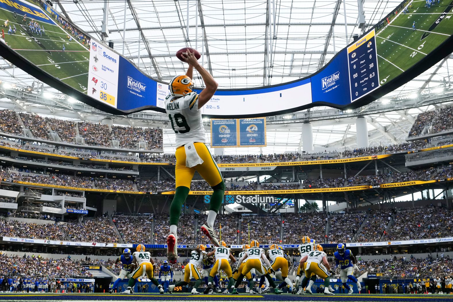 Green Bay Packers punter Daniel Whelan snags a high snap during an NFL game at SoFi Stadium in Inglewood, California, on Sunday, October 7.