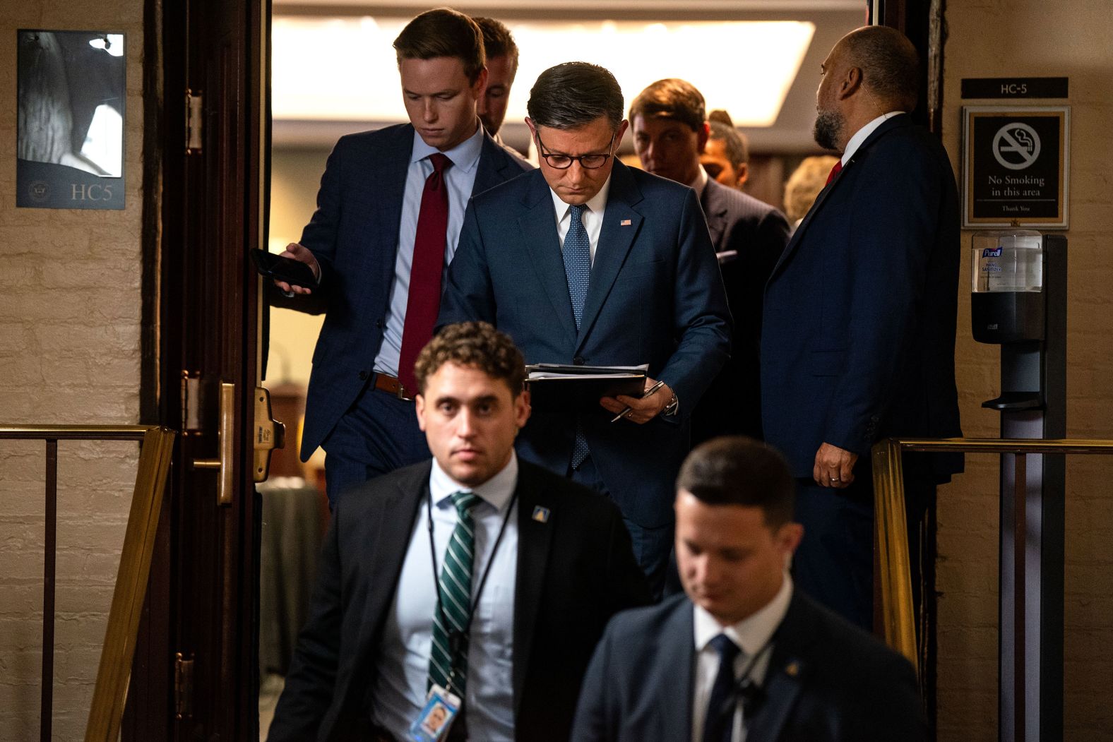 Speaker of the House Mike Johnson departs a House Republican Conference at the US Capitol in Washington, DC, on Tuesday, September 24. <a href="index.php?page=&url=https%3A%2F%2Fwww.cnn.com%2F2024%2F09%2F25%2Fpolitics%2Fhouse-vote-government-funding-johnson-democrats%2Findex.html">Facing a looming shutdown</a>, Johnson turned to Democrats to help pass a stopgap spending bill that will fund the government until December 20. The Senate approved the measure shortly after the House on Wednesday.