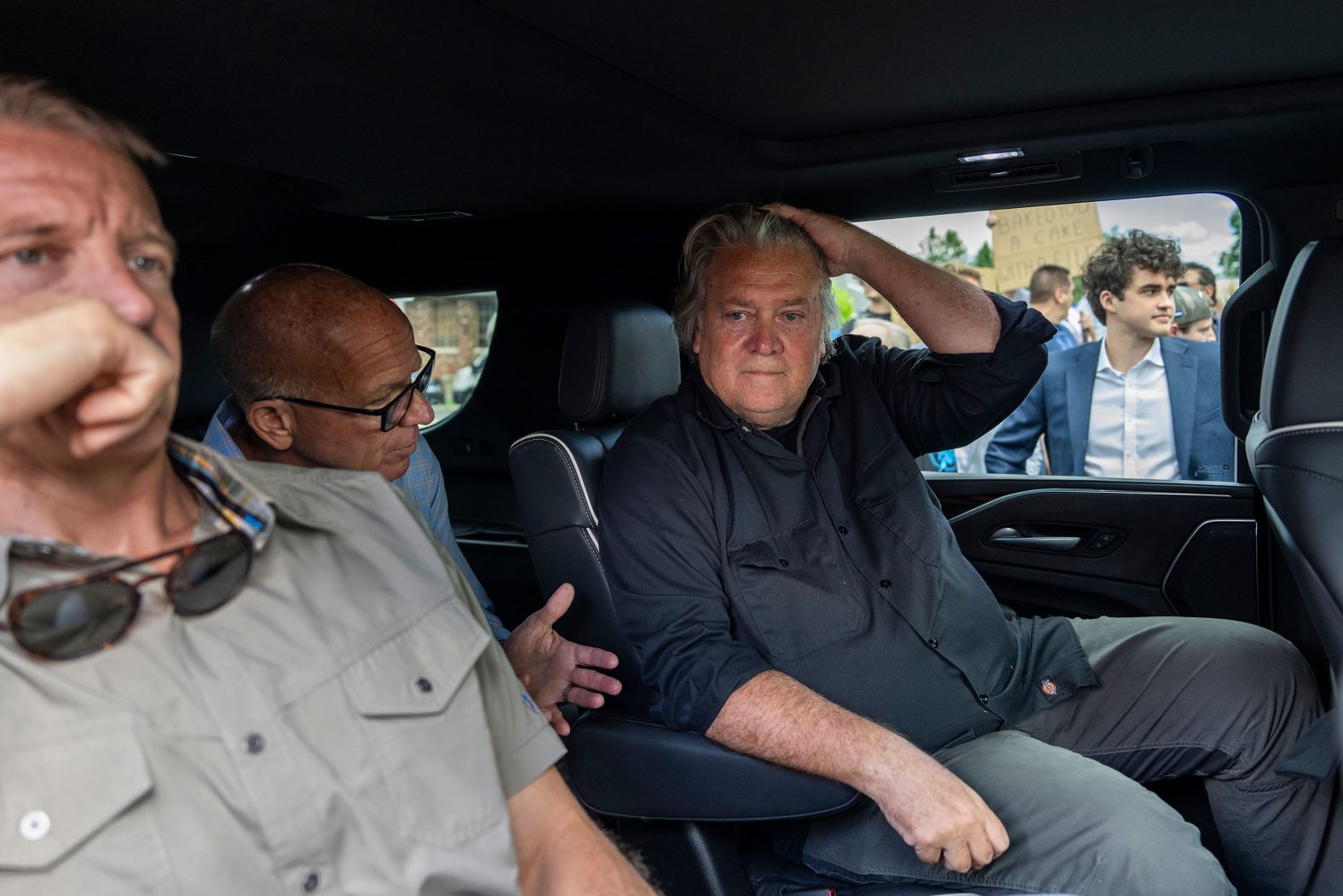 Former Donald Trump White House strategist Steve Bannon, right, arrives outside a federal prison in Danbury, Connecticut, on Monday, July 1, to <a href="index.php?page=&url=https%3A%2F%2Fwww.cnn.com%2F2024%2F07%2F01%2Fpolitics%2Fsteve-bannon-report-to-prison%2Findex.html">begin a four-month sentence for defying a congressional subpoena</a>.
