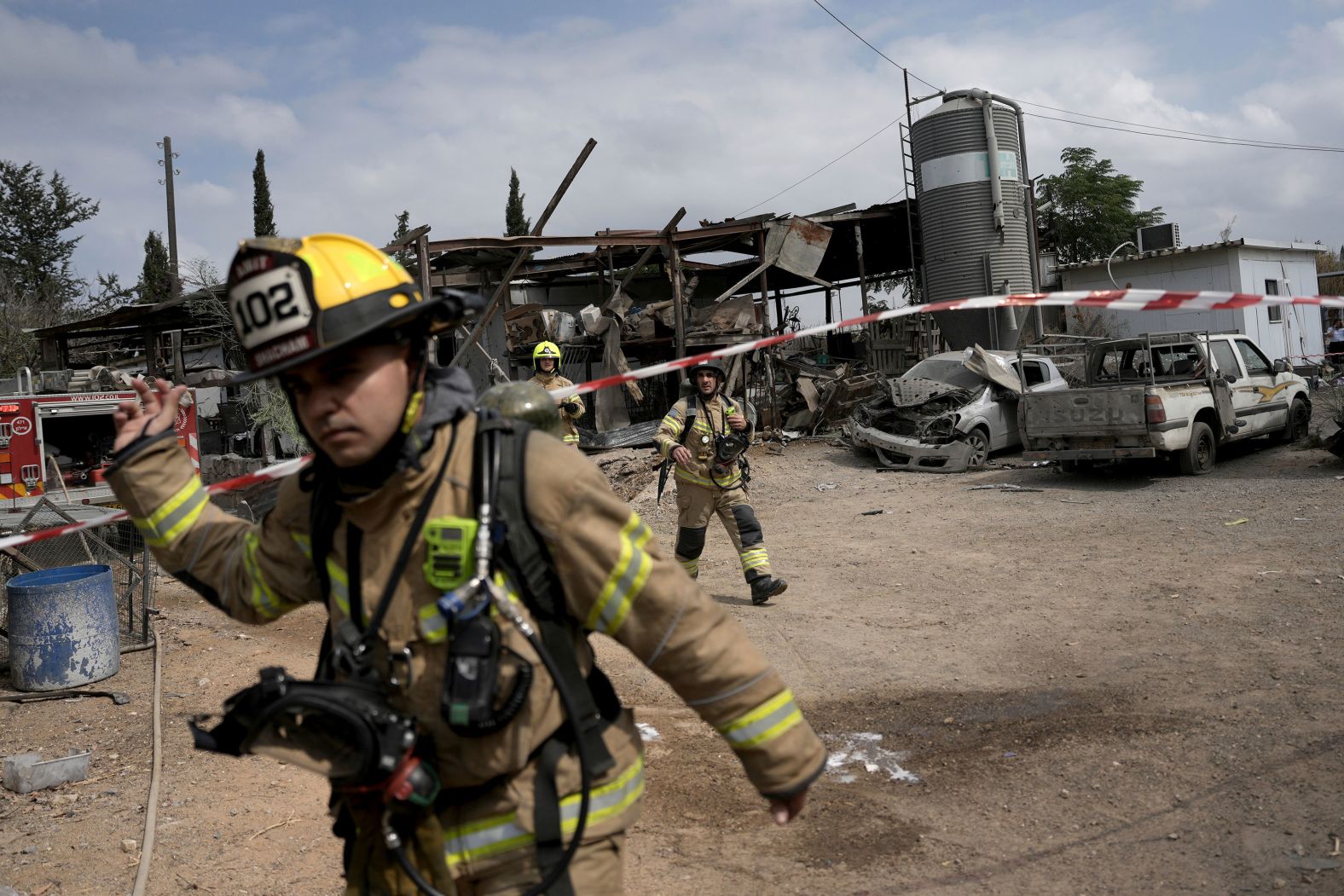 Emergency personnel respond after a rocket fired from Gaza hit Kfar Chabad near Tel Aviv, Israel, on Monday, October 7. Israel’s military said <a href="index.php?page=&url=https%3A%2F%2Fwww.cnn.com%2Fworld%2Flive-news%2Fisrael-hamas-attack-anniversary-war-10-07-24-intl-hnk%23cm1ysgjs2000m3b6npq81wlkm">nine projectiles were launched from southern Gaza into Israel</a>. At least two people were wounded.