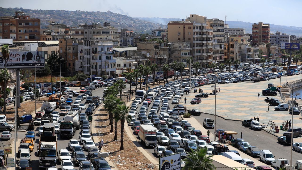 Cars sit in traffic as they flee southern Lebanon amid ongoing Israeli airstrikes on Monday, September 23, 2024.