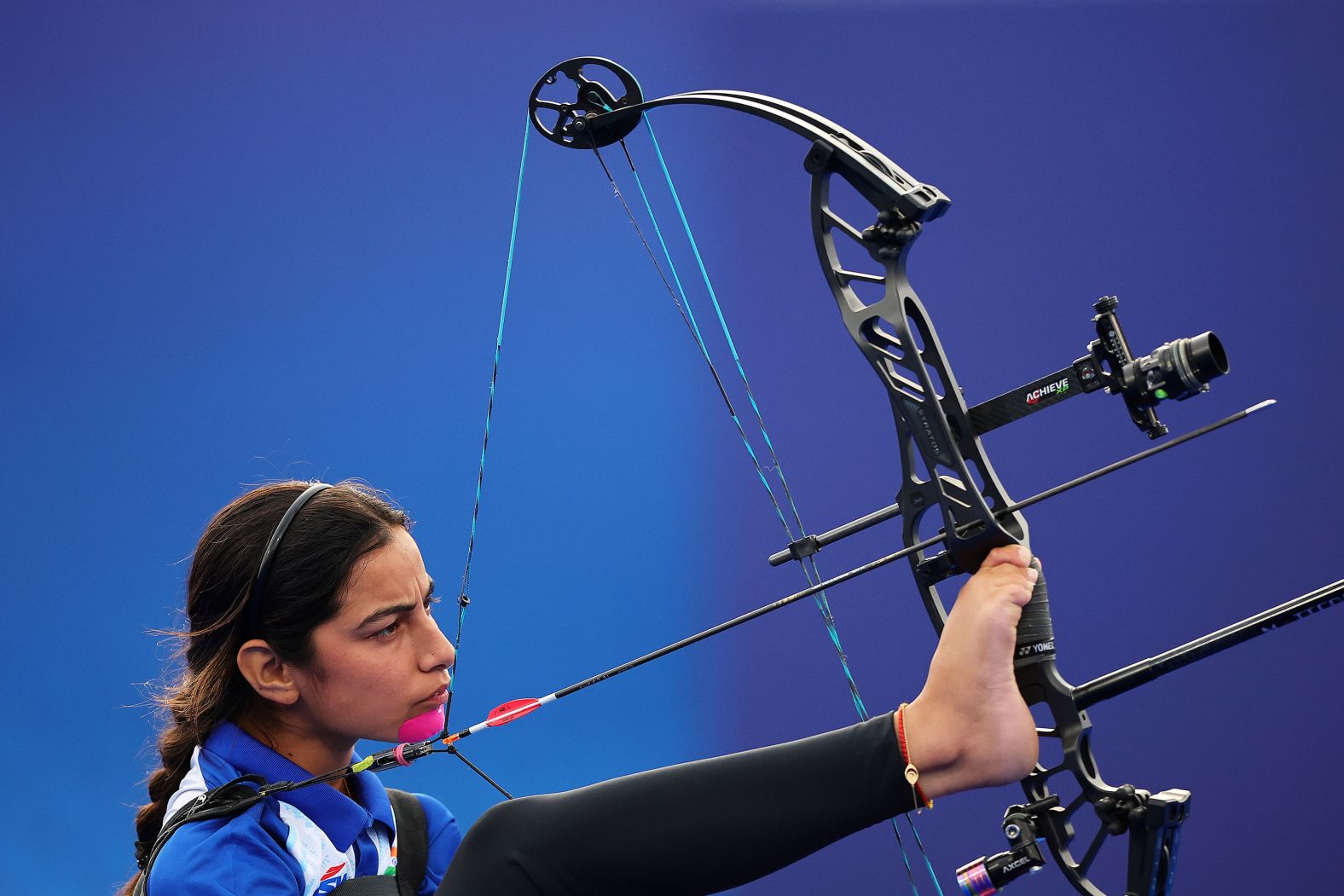 Indian archer Sheetal Devi competes during an elimination match during the Paralympics in Paris on Saturday, August 31.