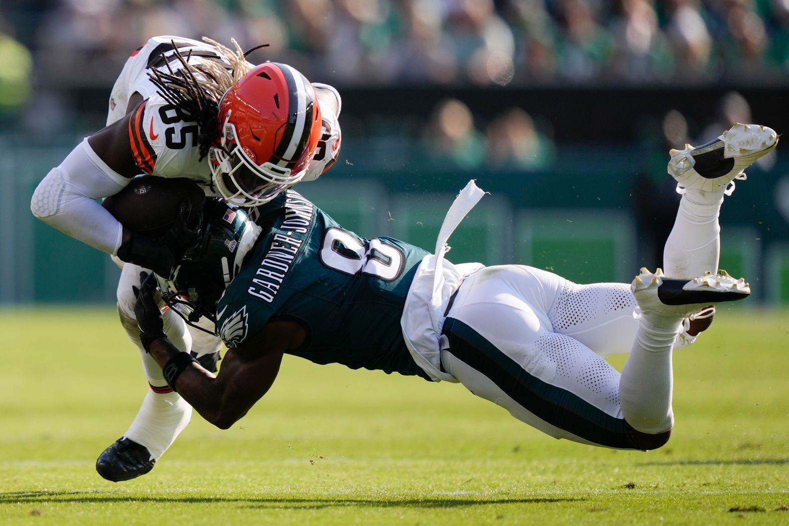 Philadelphia Eagles safety C.J. Gardner-Johnson tackles Cleveland Browns tight end David Njoku during an NFL game in Philadelphia on Sunday, October 13. <a href="https://www.cnn.com/2024/09/09/sport/gallery/nfl-2024-season/index.html">See the best photos from the 2024 NFL season</a>.