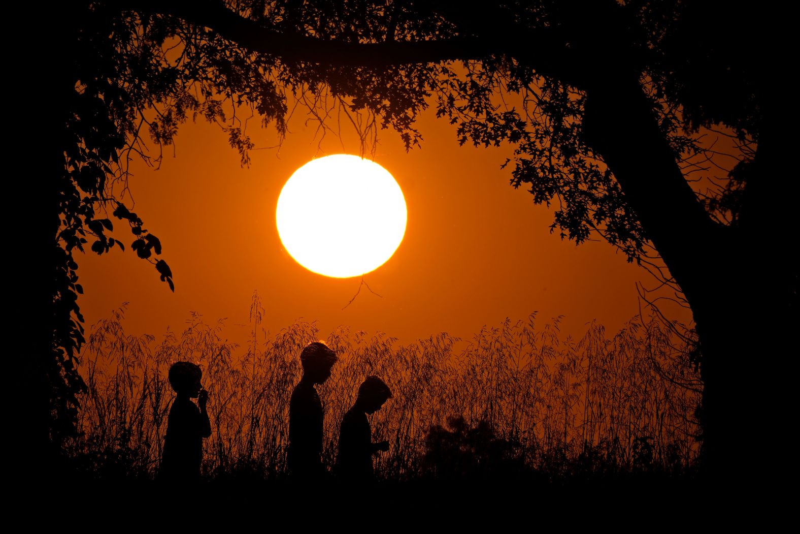 Children are silhouetted against the sky at sunset as they walk in Shawnee Mission Park in Shawnee, Kansas, on Thursday, September 26.