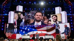 JD Vance becomes emotional after he had been formally nominated as Donald Trump’s vice president by acclamation at the 2024 Republican National Convention hosted at the Fiserv Forum in Milwaukee, Wisconsin, on July 15, 2024. (Will Lanzoni/CNN)