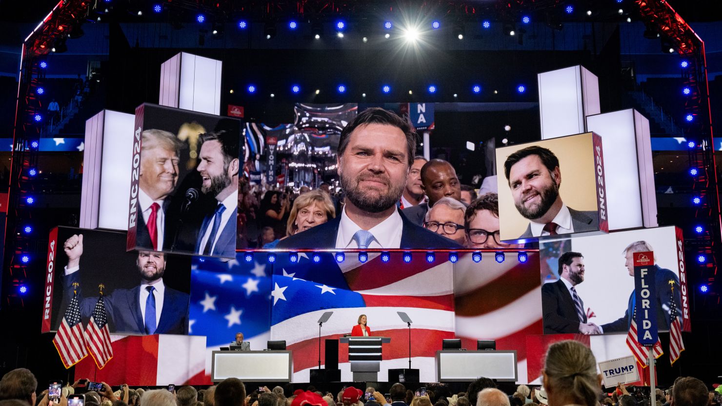 JD Vance becomes emotional after he had been formally nominated as Donald Trump’s vice president by acclamation at the 2024 Republican National Convention hosted at the Fiserv Forum in Milwaukee, Wisconsin, on July 15, 2024.