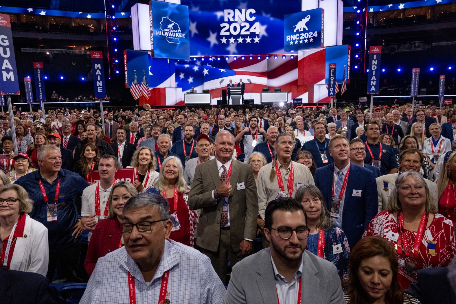 Delegates pose for the convention’s official photo at the Fiserv Forum on Monday.