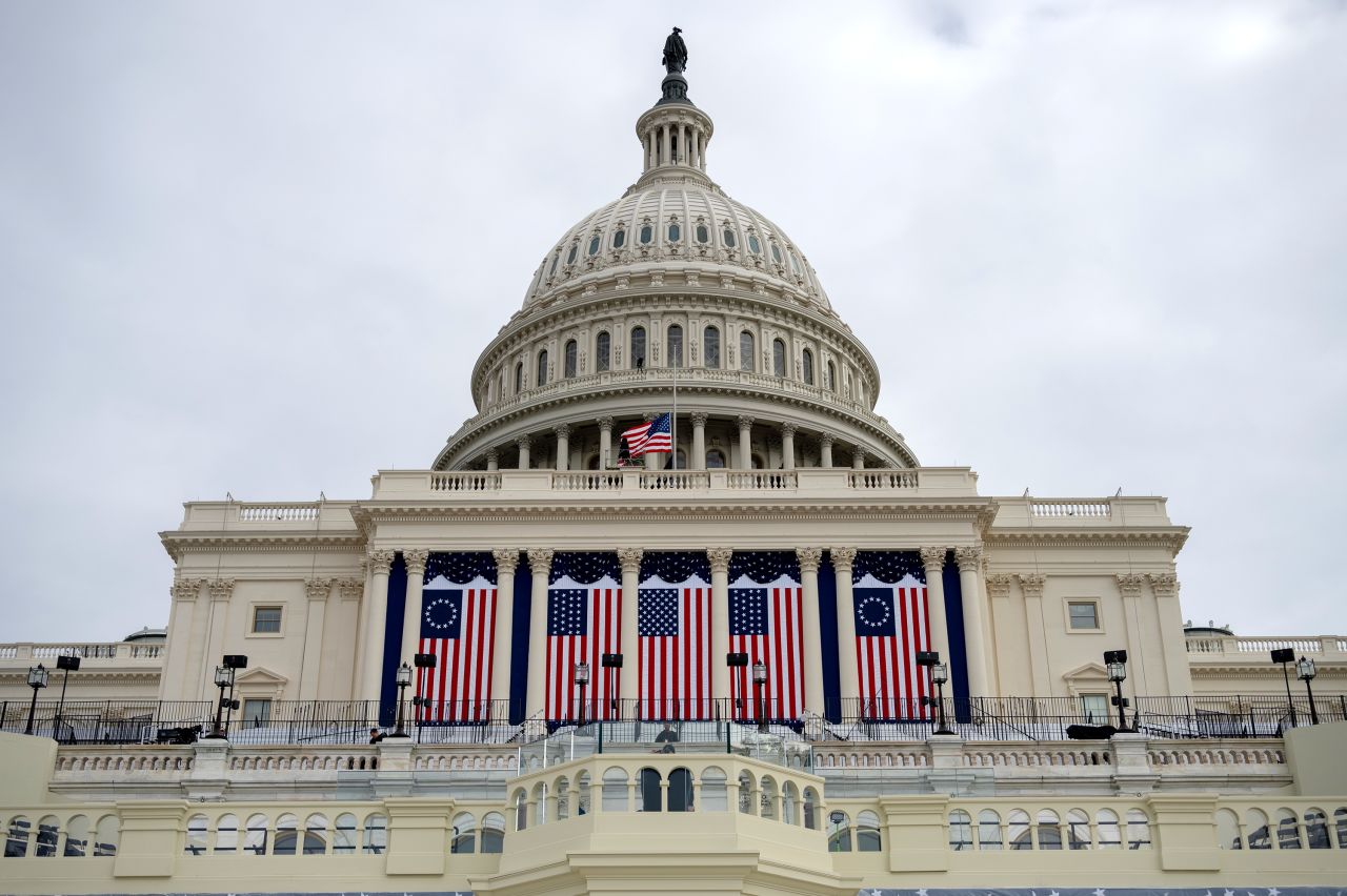 Flags are hung on the Capitol in preparation for Donald Trump’s inauguration in Washington, DC, on Friday.