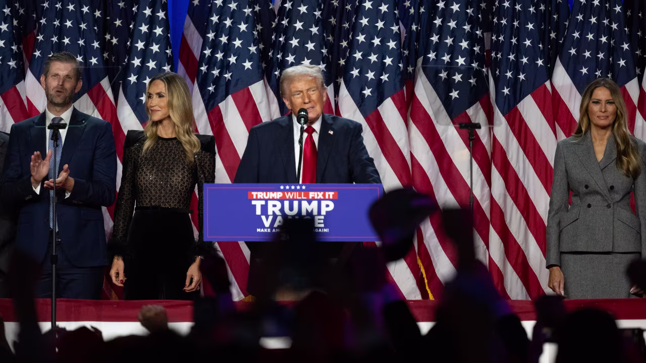 Former President Donald Trump speaks at his election night watch party in West Palm Beach, Florida, on November 6.