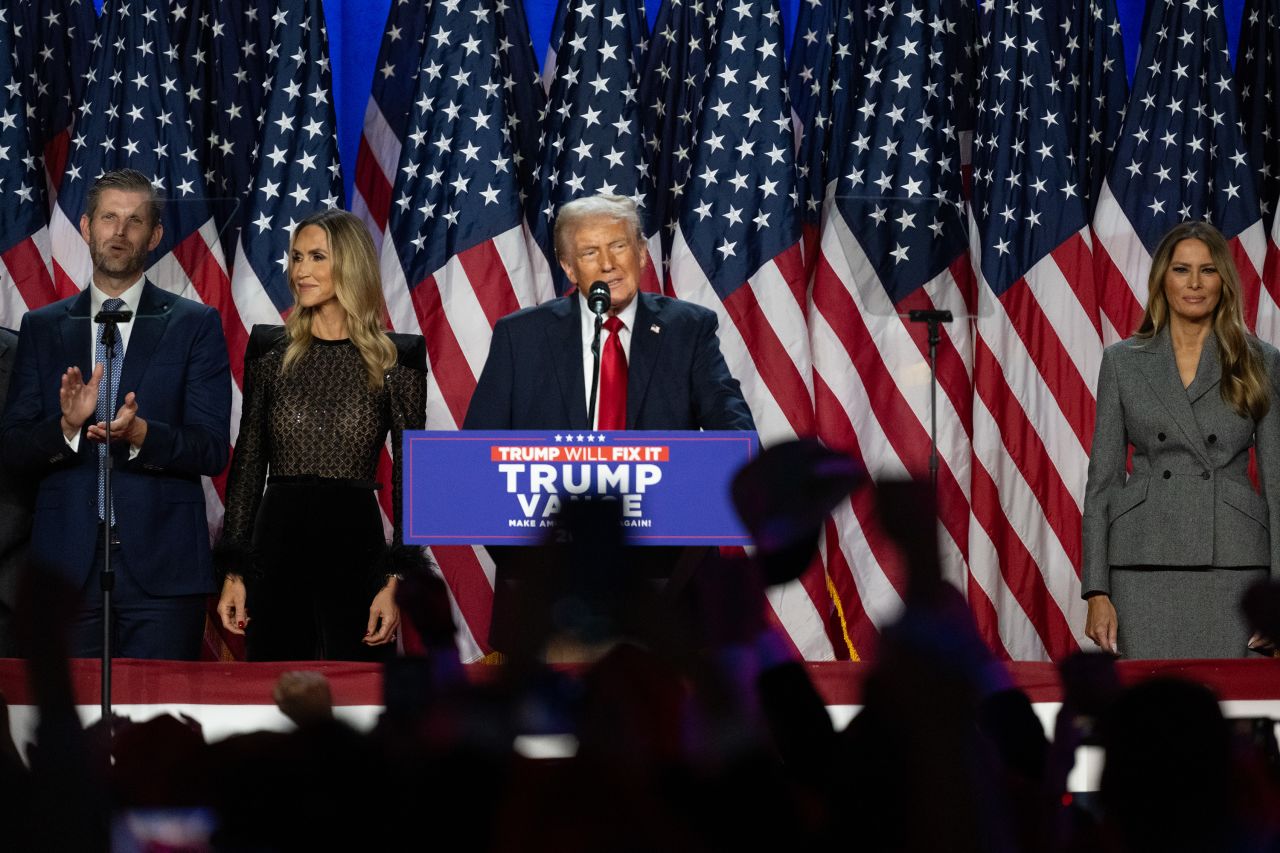 Former President Donald Trump speaks at his election night watch party in West Palm Beach, Florida, on Wednesday, November 6.