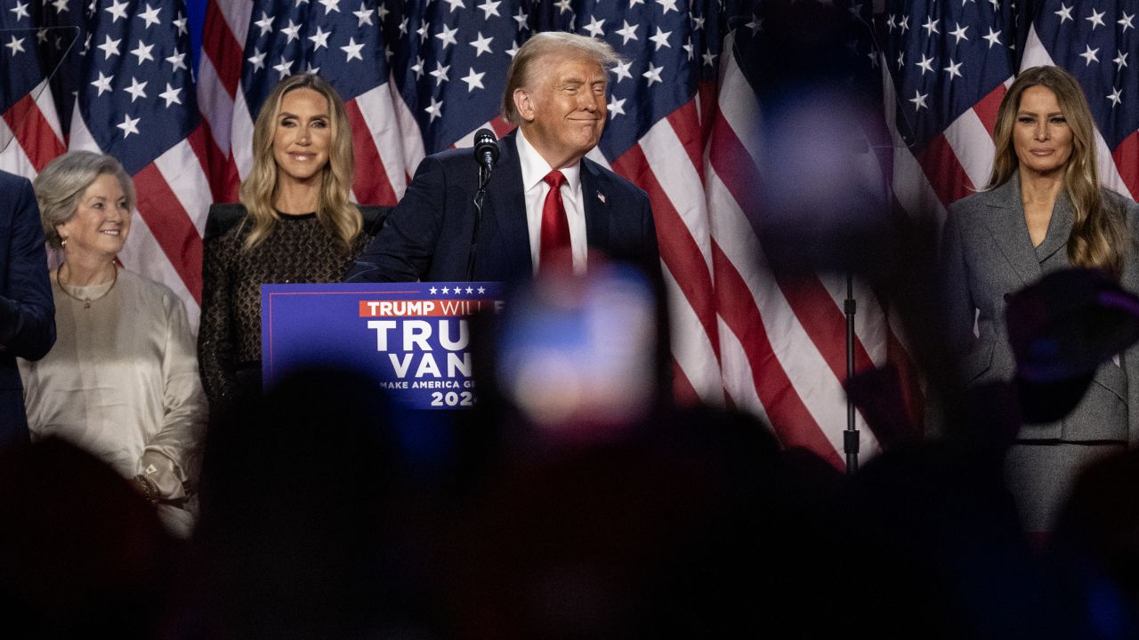 Donald Trump addresses the crowd at the Palm Beach County Convention Center in West Palm Beach, Florida, on Tuesday, November 5, 2024.