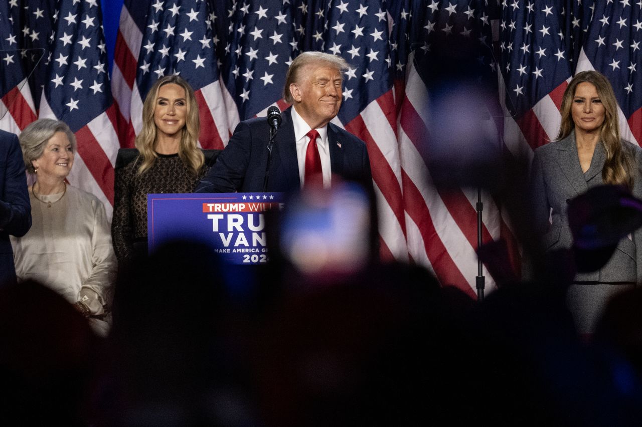 Donald Trump addresses the crowd at the Palm Beach County Convention Center in West Palm Beach, Florida, on Tuesday, November 5.