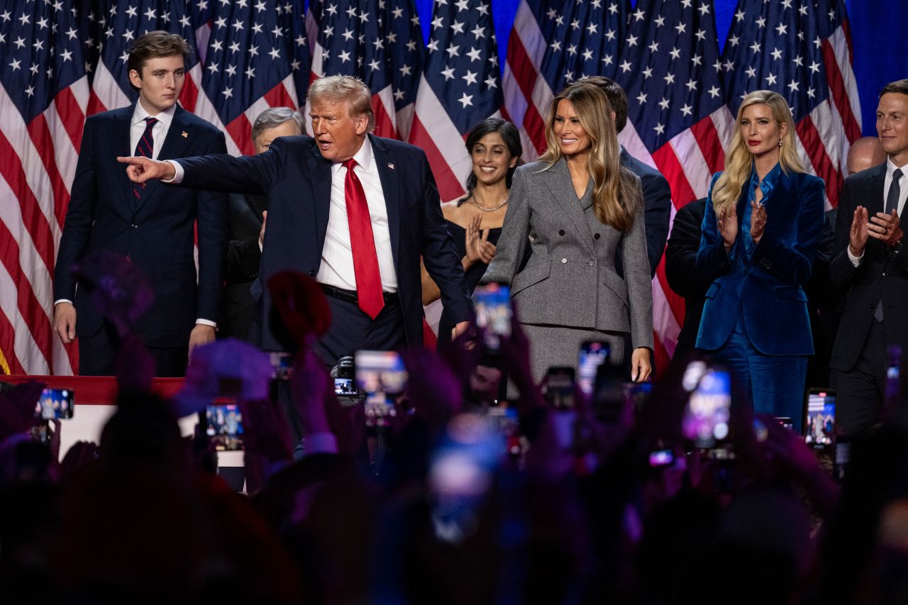 President-elect Donald Trump points to the crowd at his election watch party in West Palm Beach, Florida, on November 6.