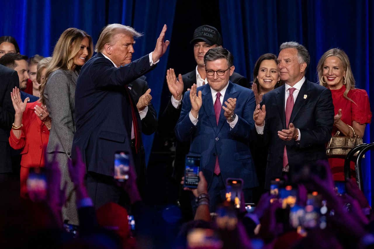 Trump waves at the crowd at a watch party in West Palm Beach, Florida, on Tuesday, November 5.