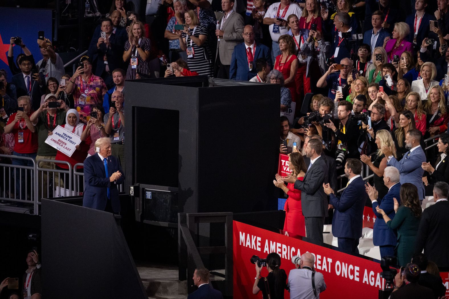 Trump is introduced to the crowd on Tuesday.